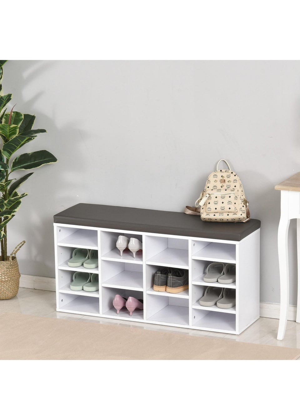 HOMCOM White Multi Storage Cushion Shoe Rack 14 Compartments 103.5cm x 30cm x 48cm Matalan