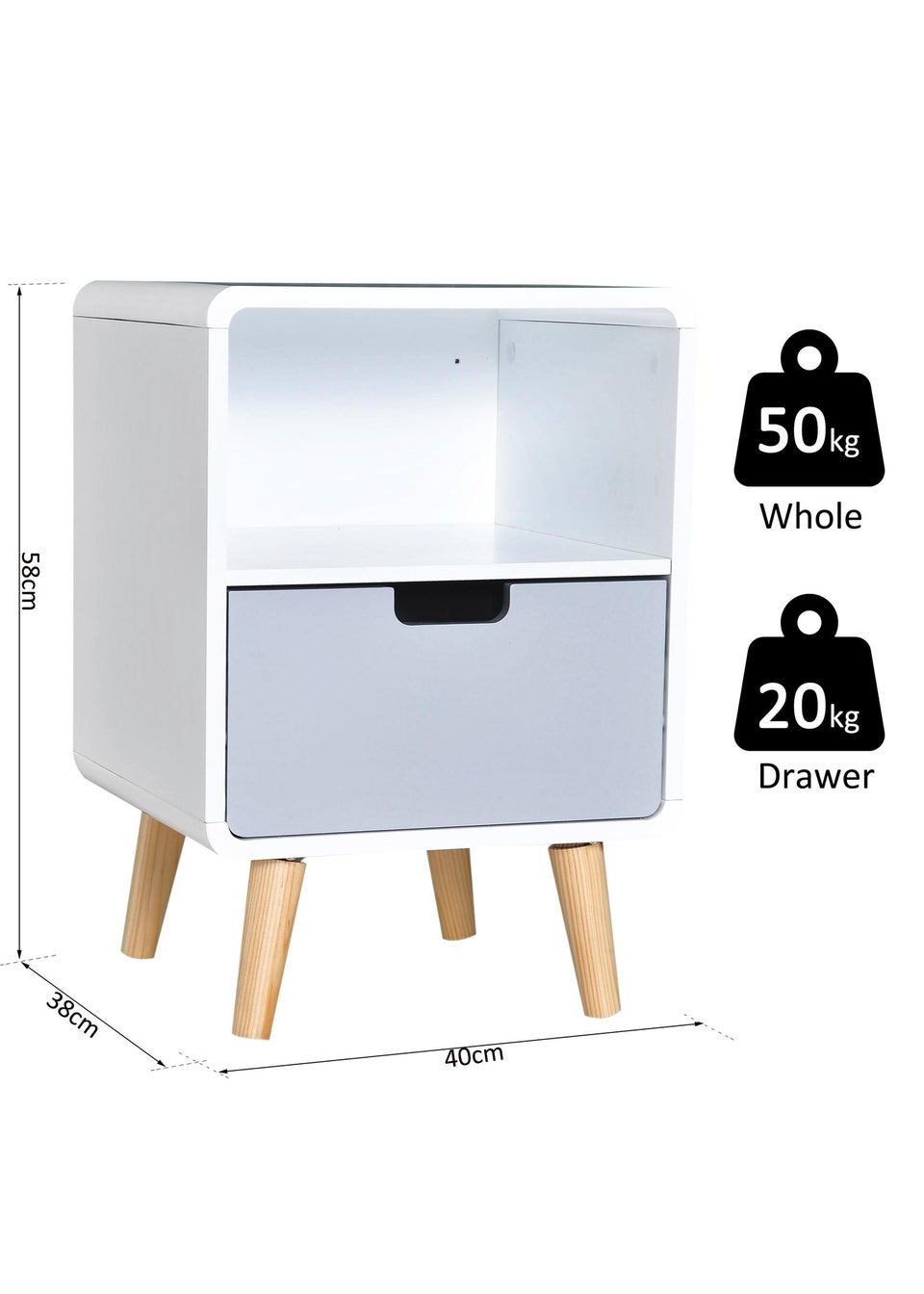 HOMCOM White Nordic Style Bedside Table (40cm x 38cm x 58cm)