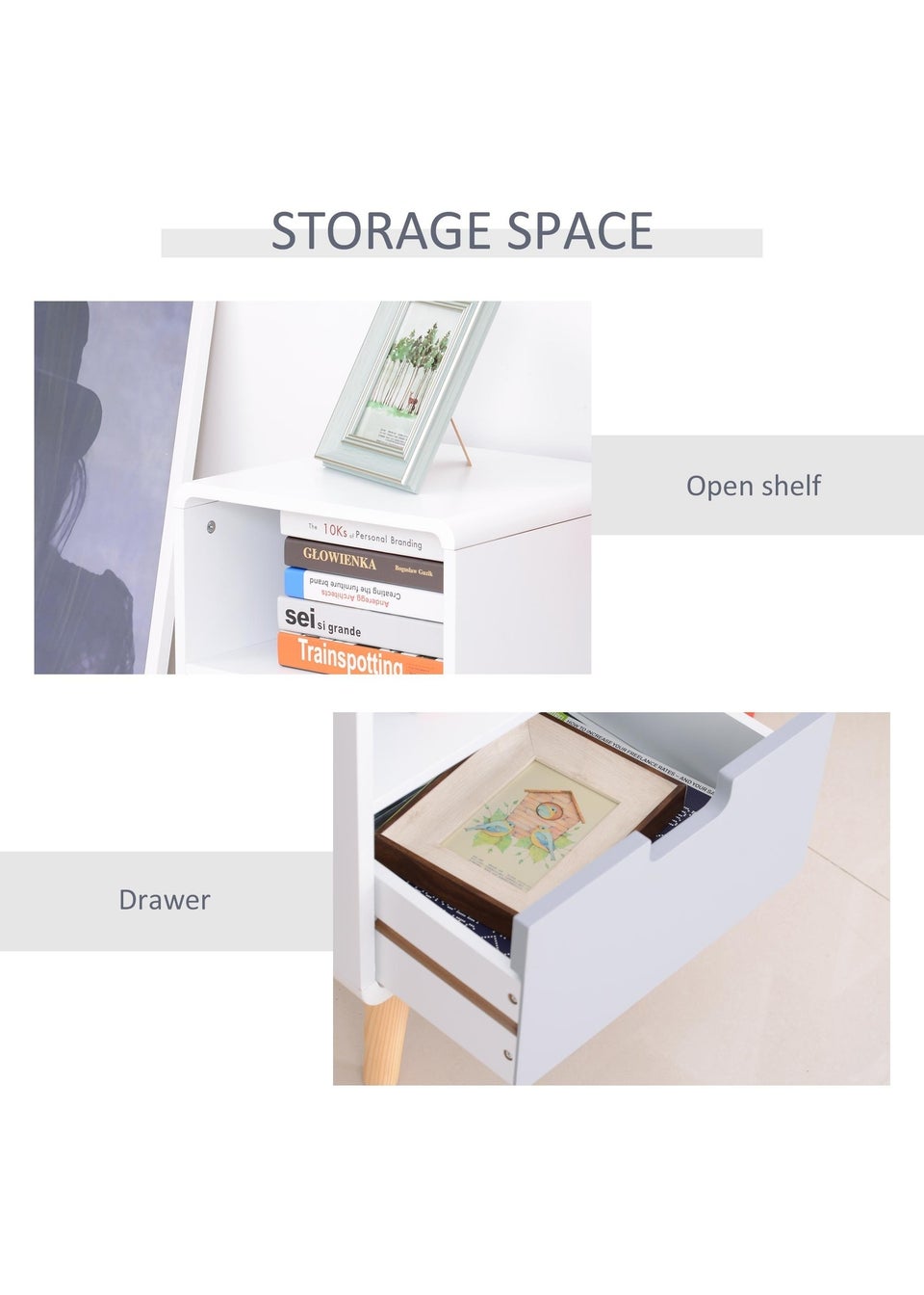 HOMCOM White Nordic Style Bedside Table (40cm x 38cm x 58cm)