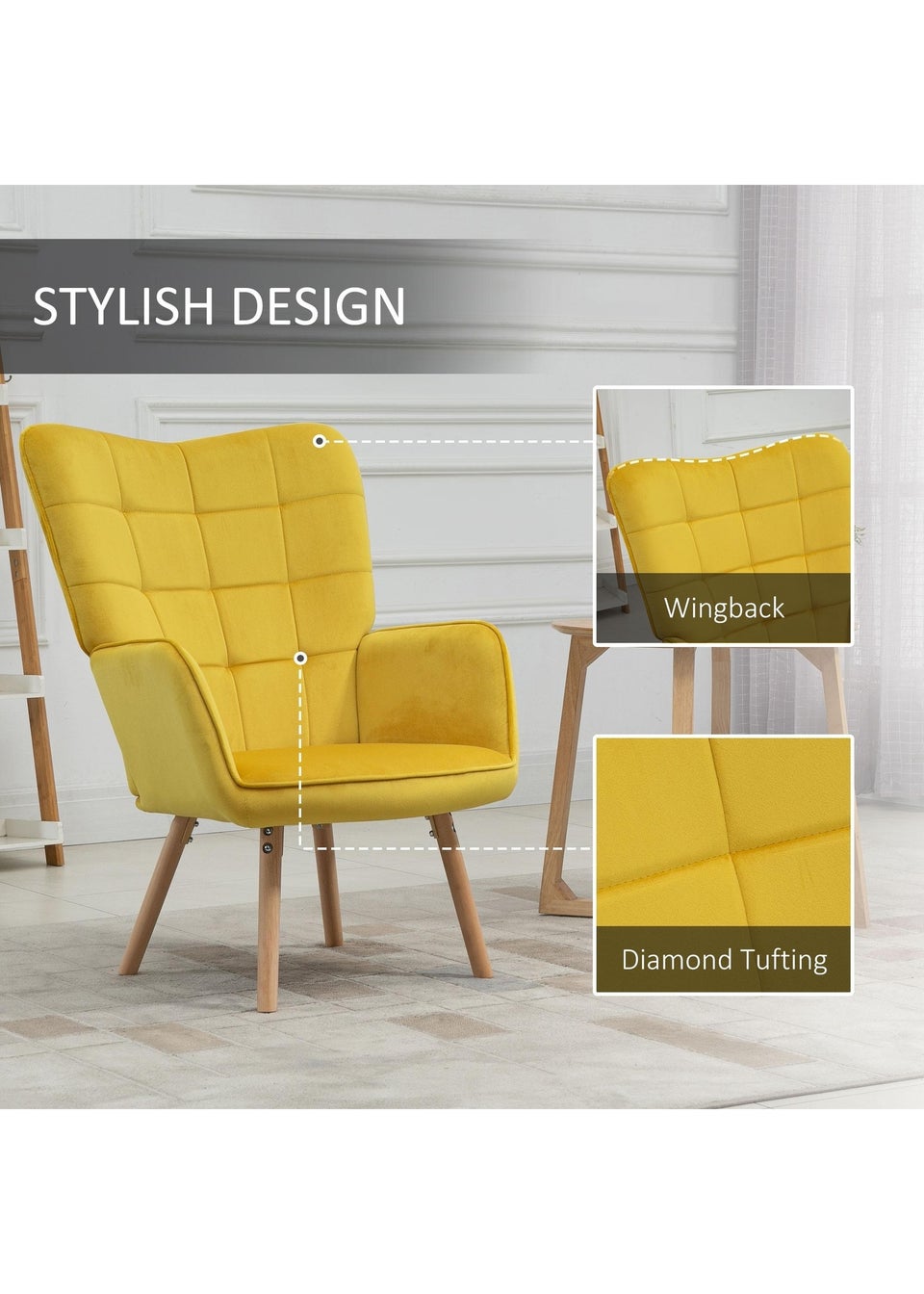 HOMCOM Yellow Modern Velvet-Touch Tufted Accent Chair (71cm x 76cm x 101cm)