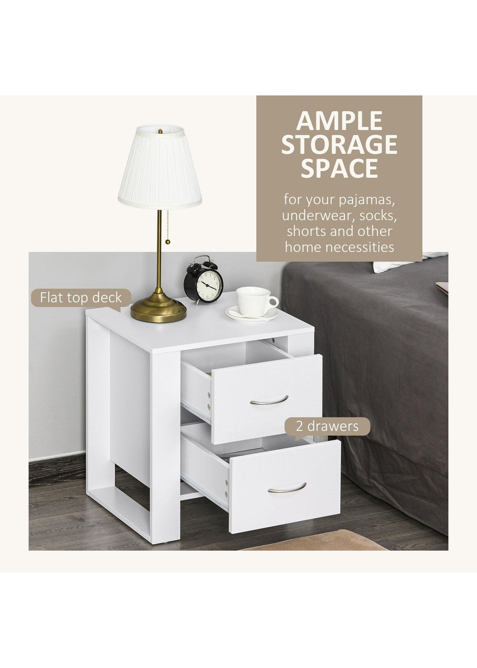 HOMCOM White 2 Drawer Boxy Bedside Table (48cm x 39cm x 54cm)