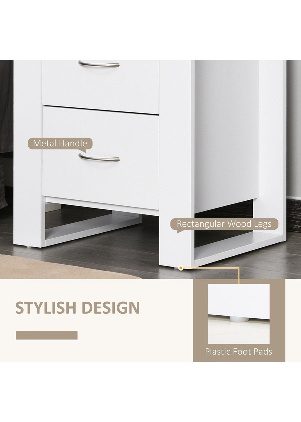HOMCOM White 2 Drawer Boxy Bedside Table (48cm x 39cm x 54cm)