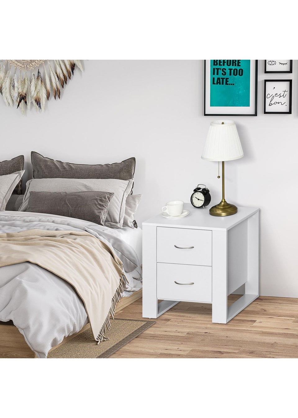 HOMCOM White 2 Drawer Boxy Bedside Table (48cm x 39cm x 54cm)