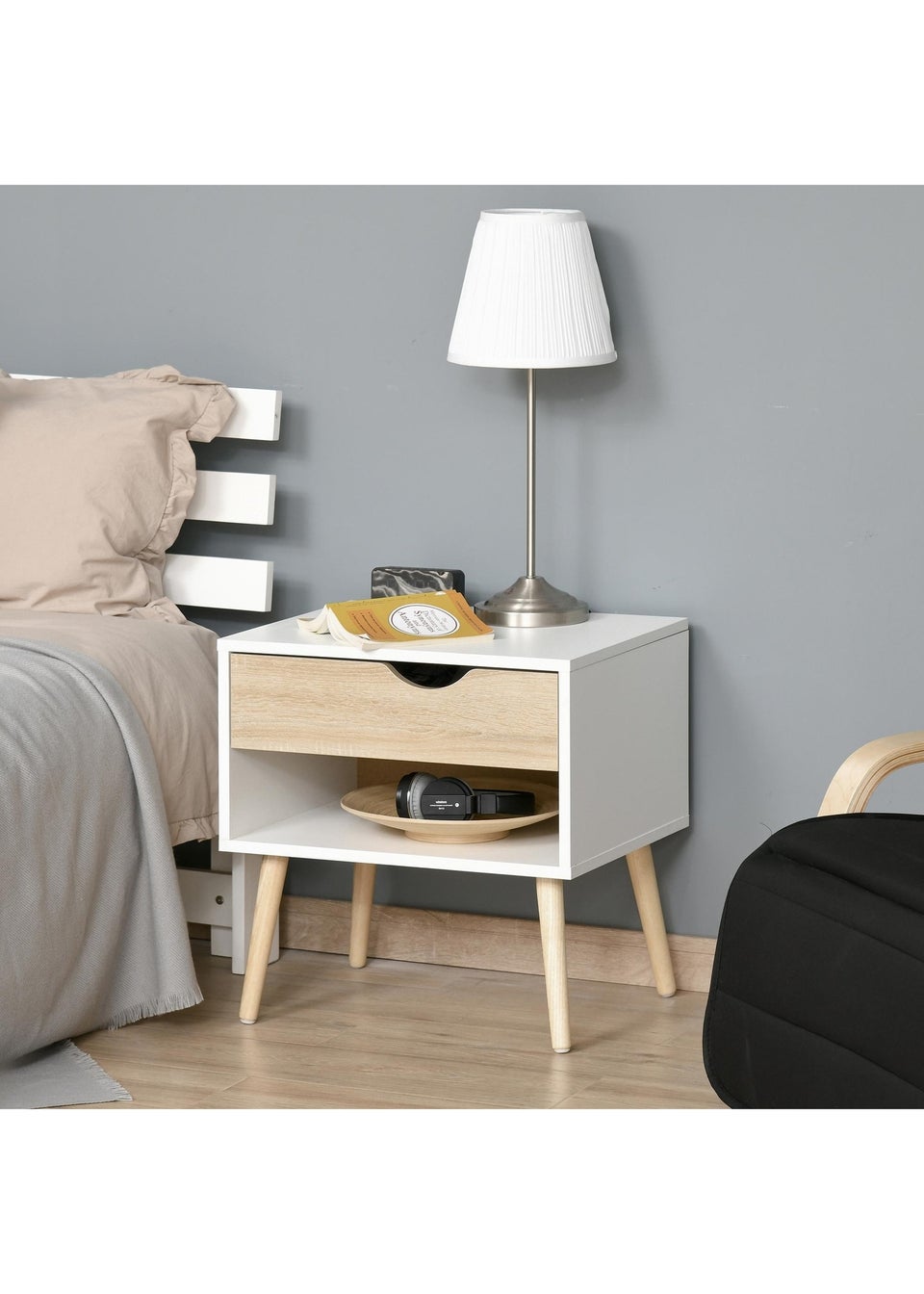 HOMCOM White Bedside Table with Drawer & Shelf (50cm x 39cm x 51cm)