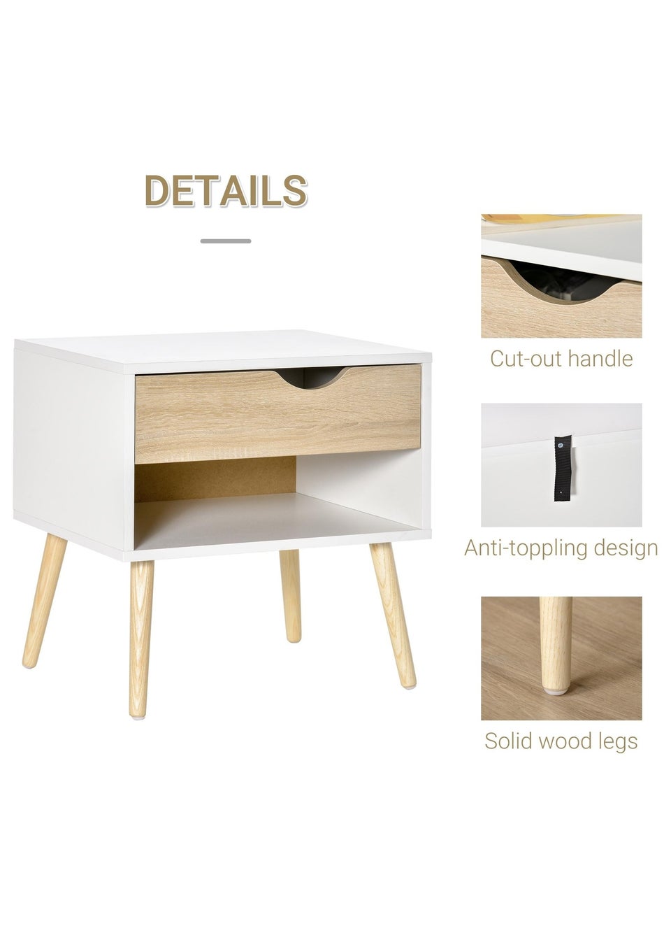 HOMCOM White Bedside Table with Drawer & Shelf (50cm x 39cm x 51cm)