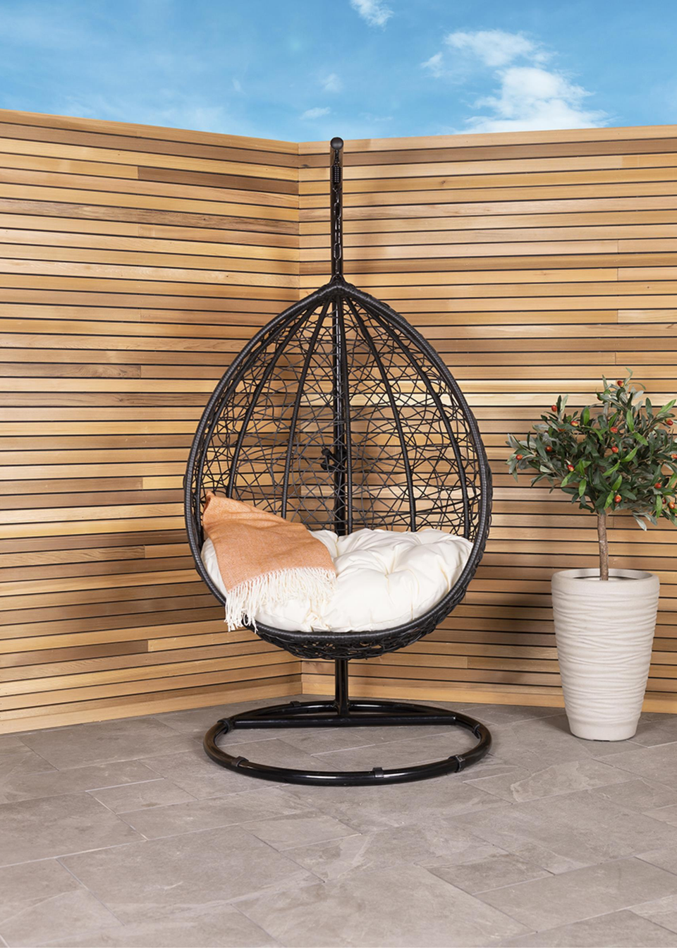 Charles Bentley Garden Wicker Rattan Patio Hanging Black Swing Chair Seat H200 x W99 x D73cm Matalan
