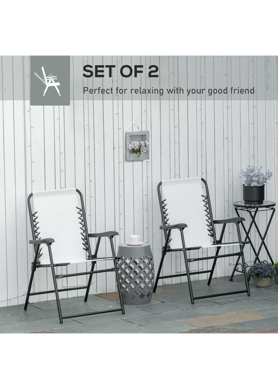 Outsunny Cream Folding Chair Set for Camping Lawn Set of 2