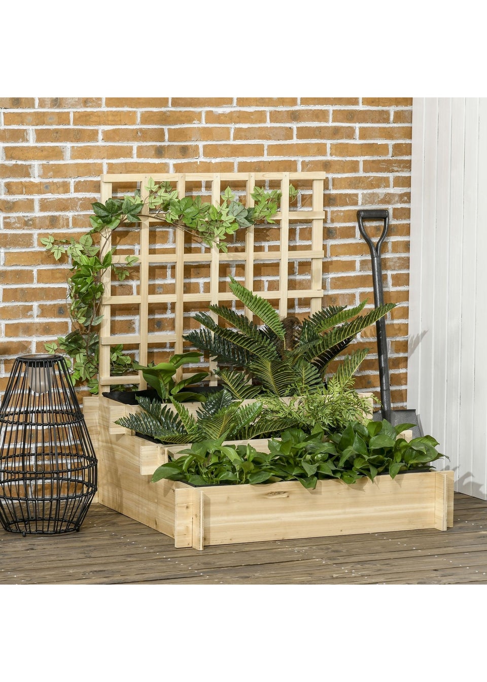 Outsunny Natural 3 Tier Wooden Garden Planters with Trellis