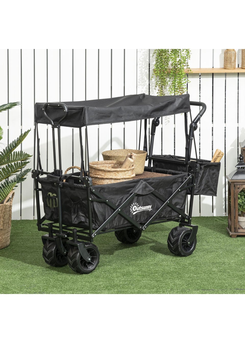Outsunny Black Outdoor Wagon Stroller Cart with Canopy Top Matalan