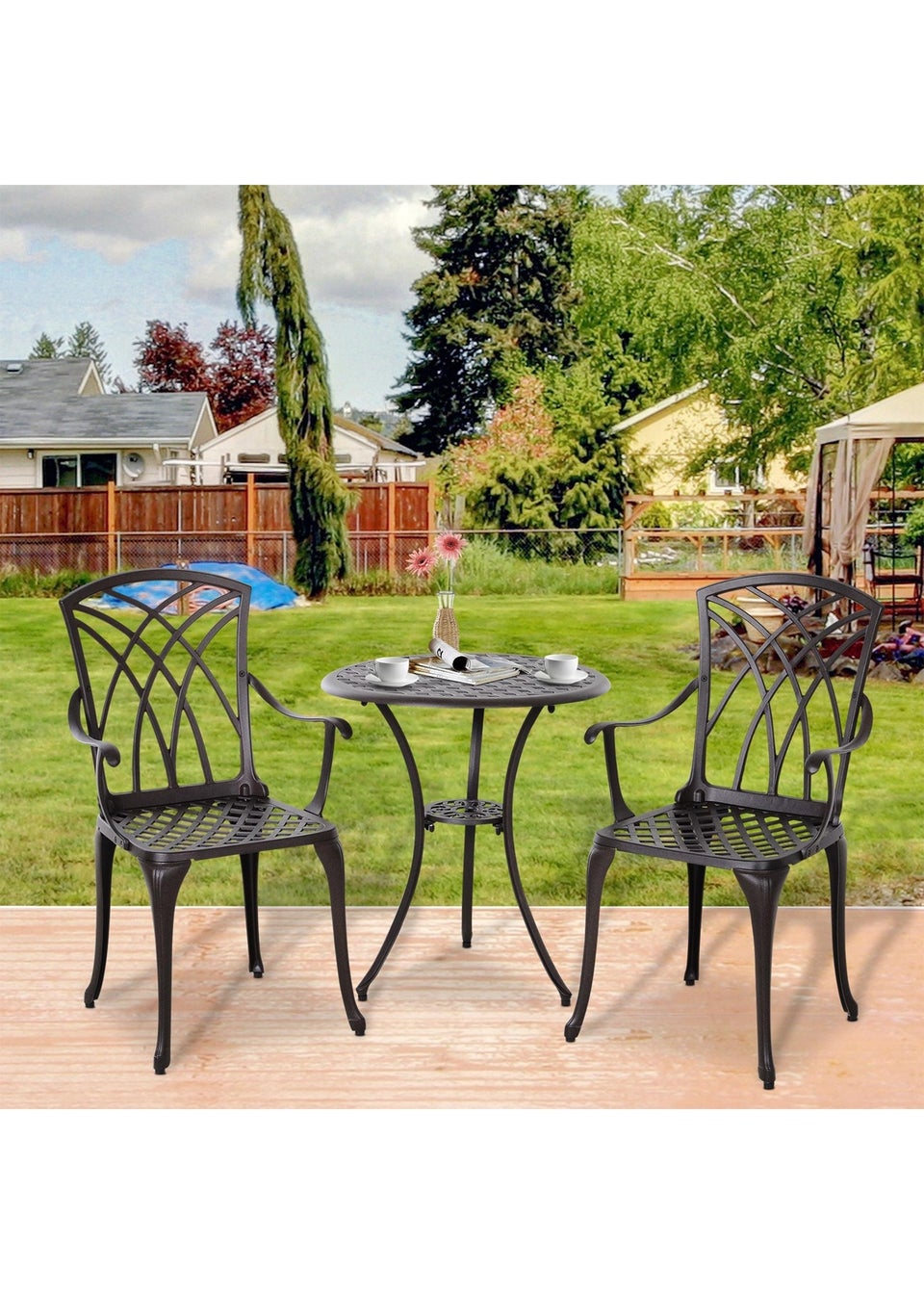 Outsunny Brown Garden Cast Aluminium Bistro Set 3 Pieces Matalan