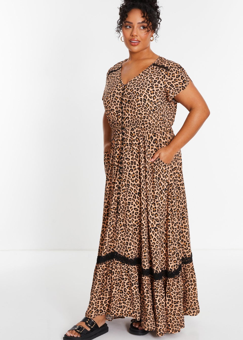 Quiz Brown Curve Leopard Print Crochet Trim Maxi Dress