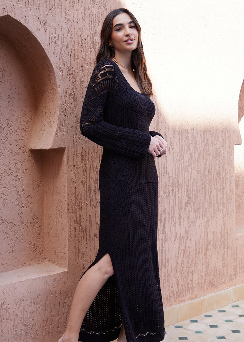 Threadbare Black Linus Lined Long Sleeve Crochet Maxi Dress