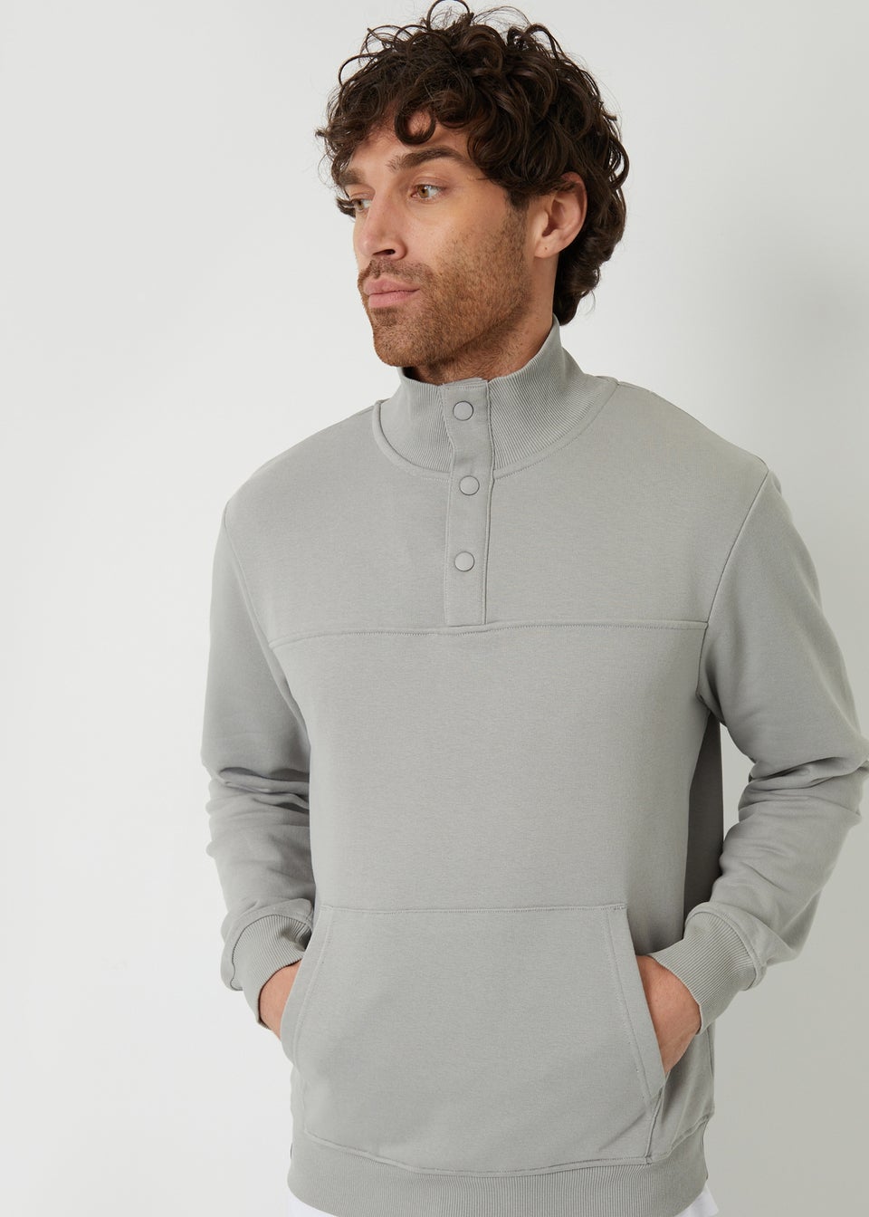 Threadbare Grey Quarter Popper Funnel Neck Jumper