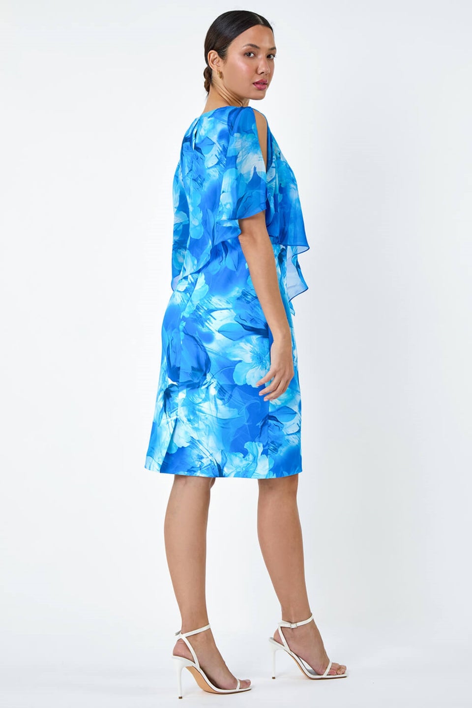 Roman Blue Floral Chiffon Asymmetric Overlay  Dress