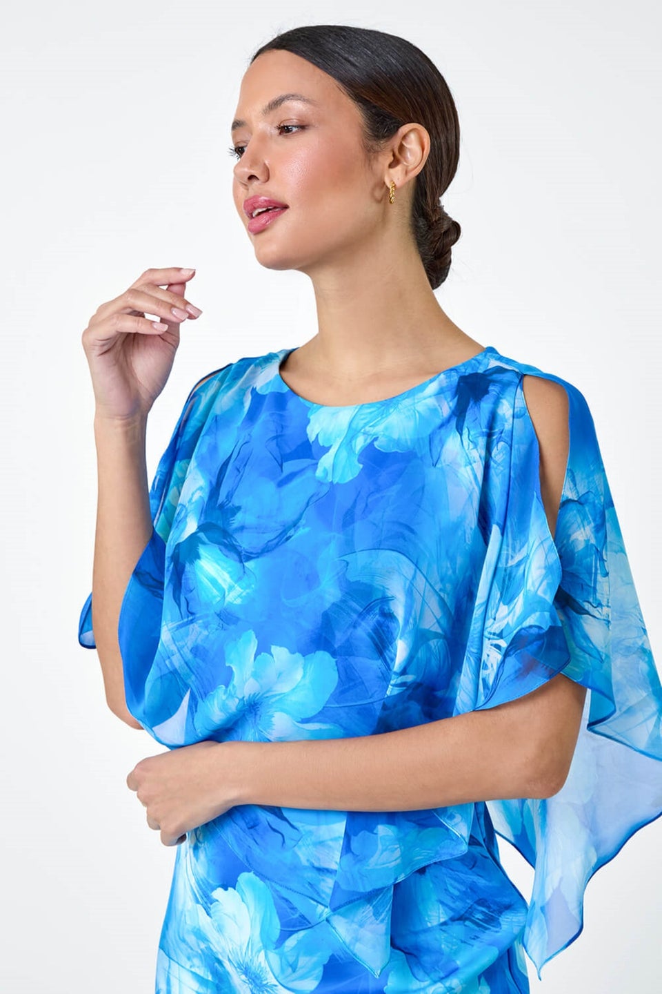 Roman Blue Floral Chiffon Asymmetric Overlay  Dress