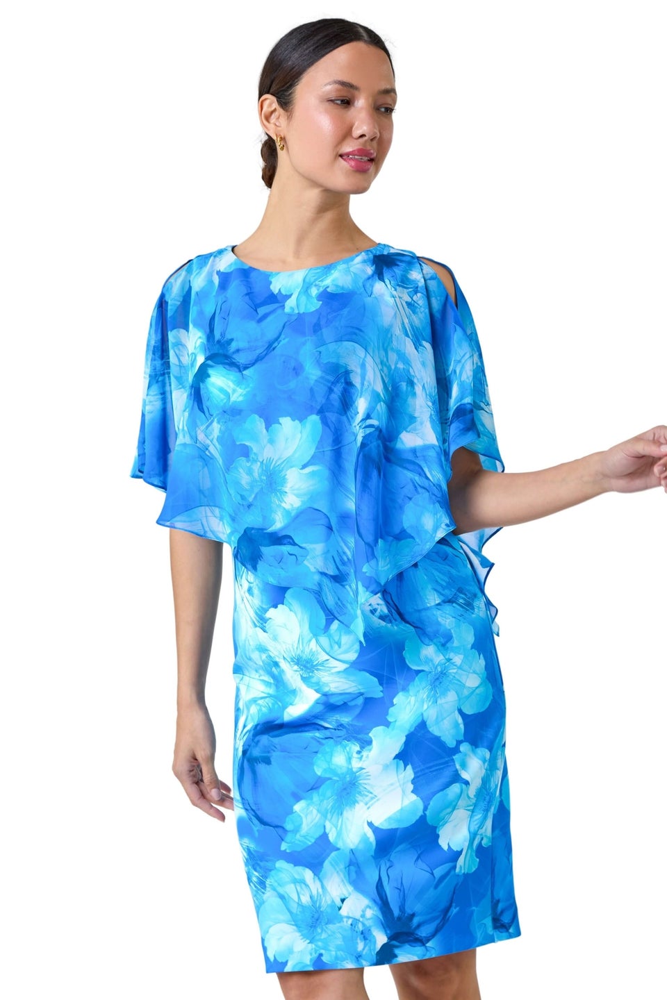 Roman Blue Floral Chiffon Asymmetric Overlay  Dress