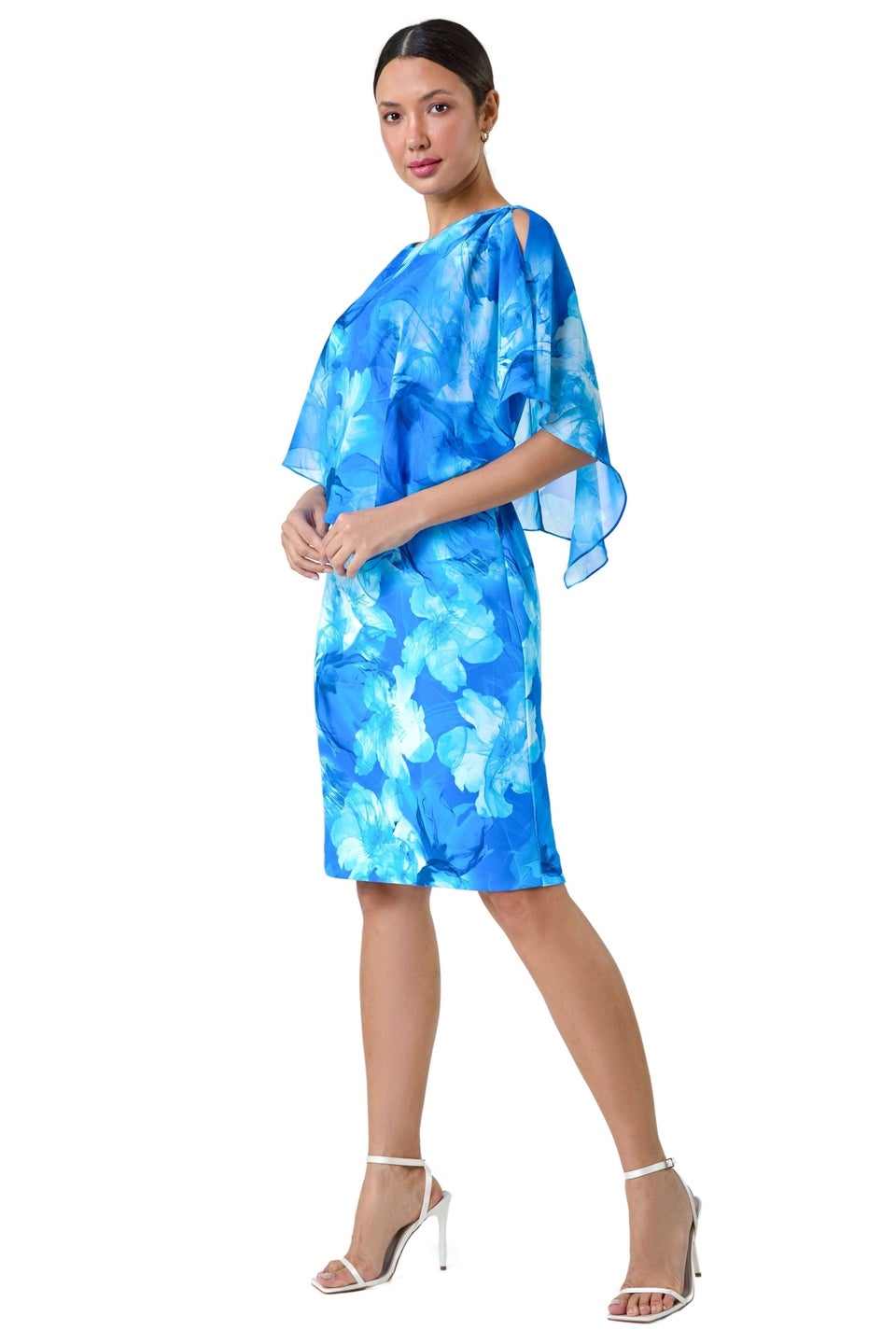 Roman Blue Floral Chiffon Asymmetric Overlay  Dress