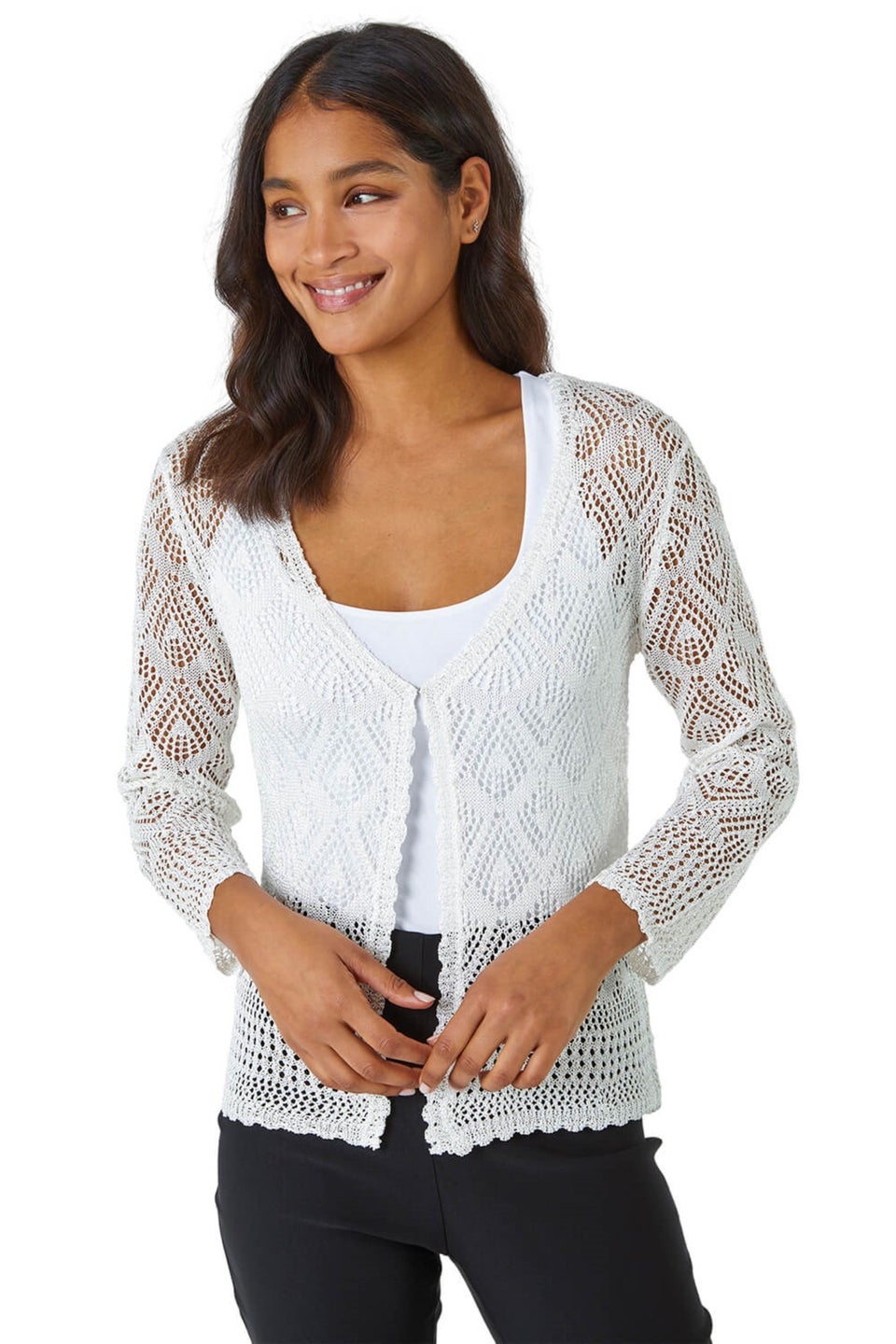 Roman Ivory Knitted Crochet Shimmer Shrug Matalan