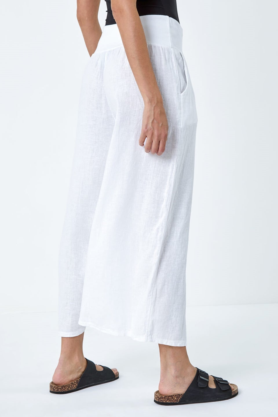 Roman White Linen Blend Stretch Waist Culottes