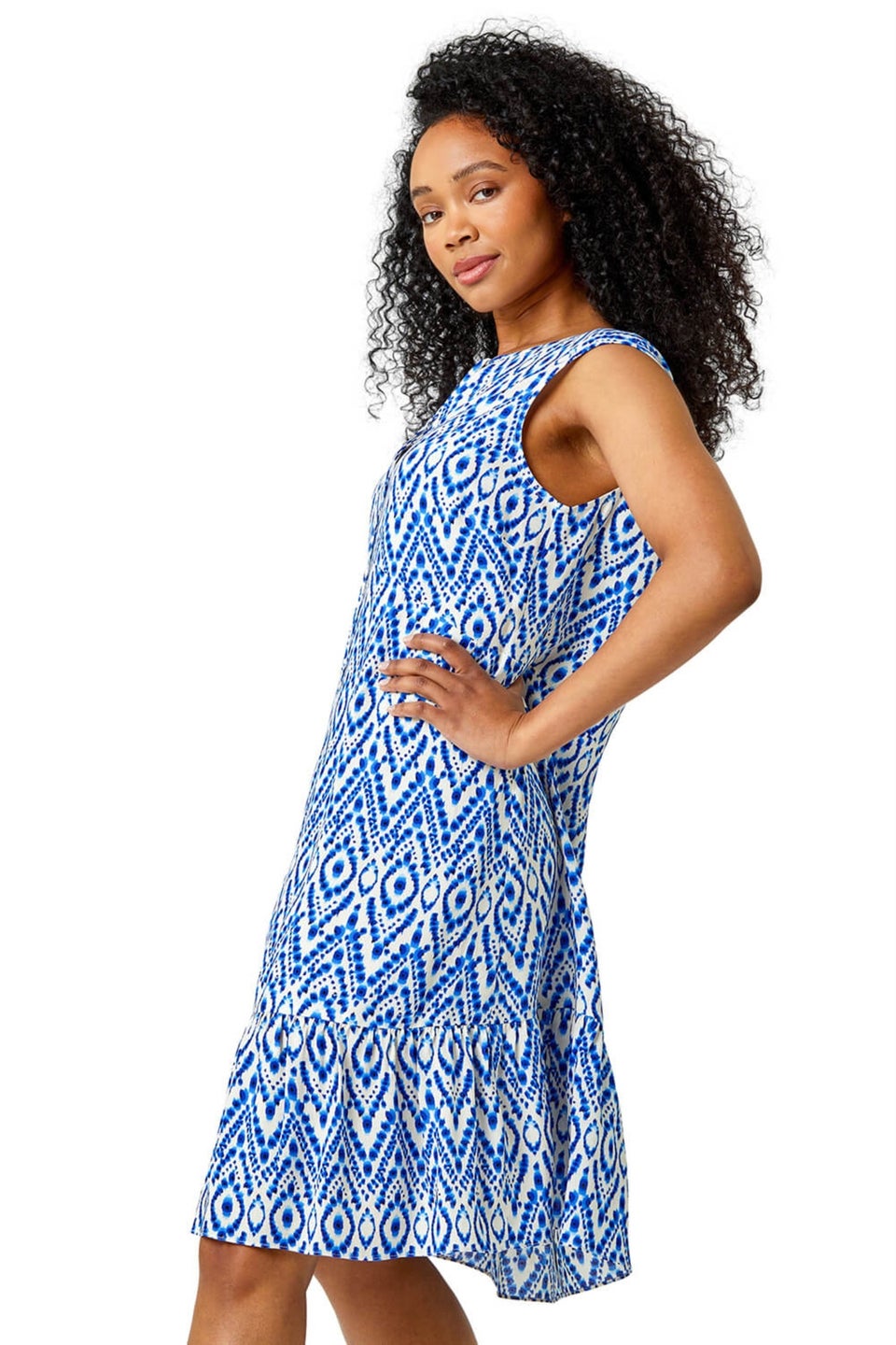 Roman Petite Blue Petite Aztec Print Frill Hem Shift Dress Matalan