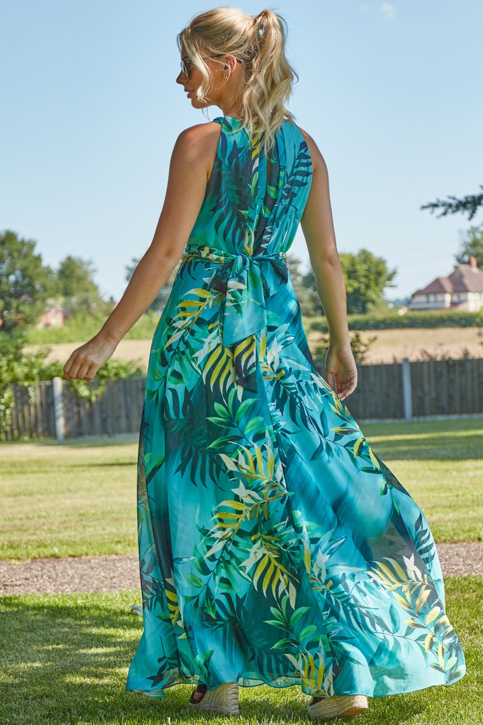 Roman Aqua Tropical Print Maxi Dress