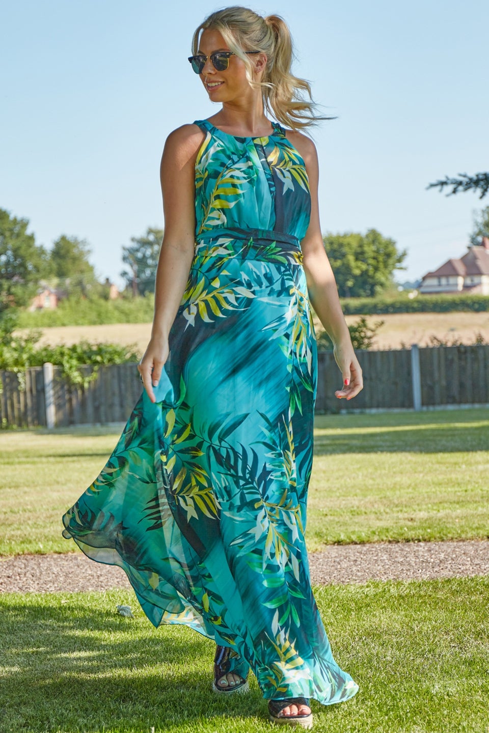 Roman Aqua Tropical Print Maxi Dress