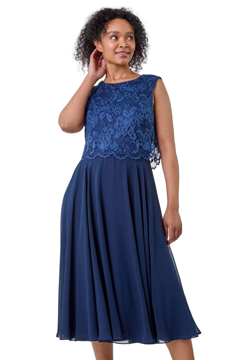 Roman Petite Navy Lace Overlay Midi Dress - Matalan