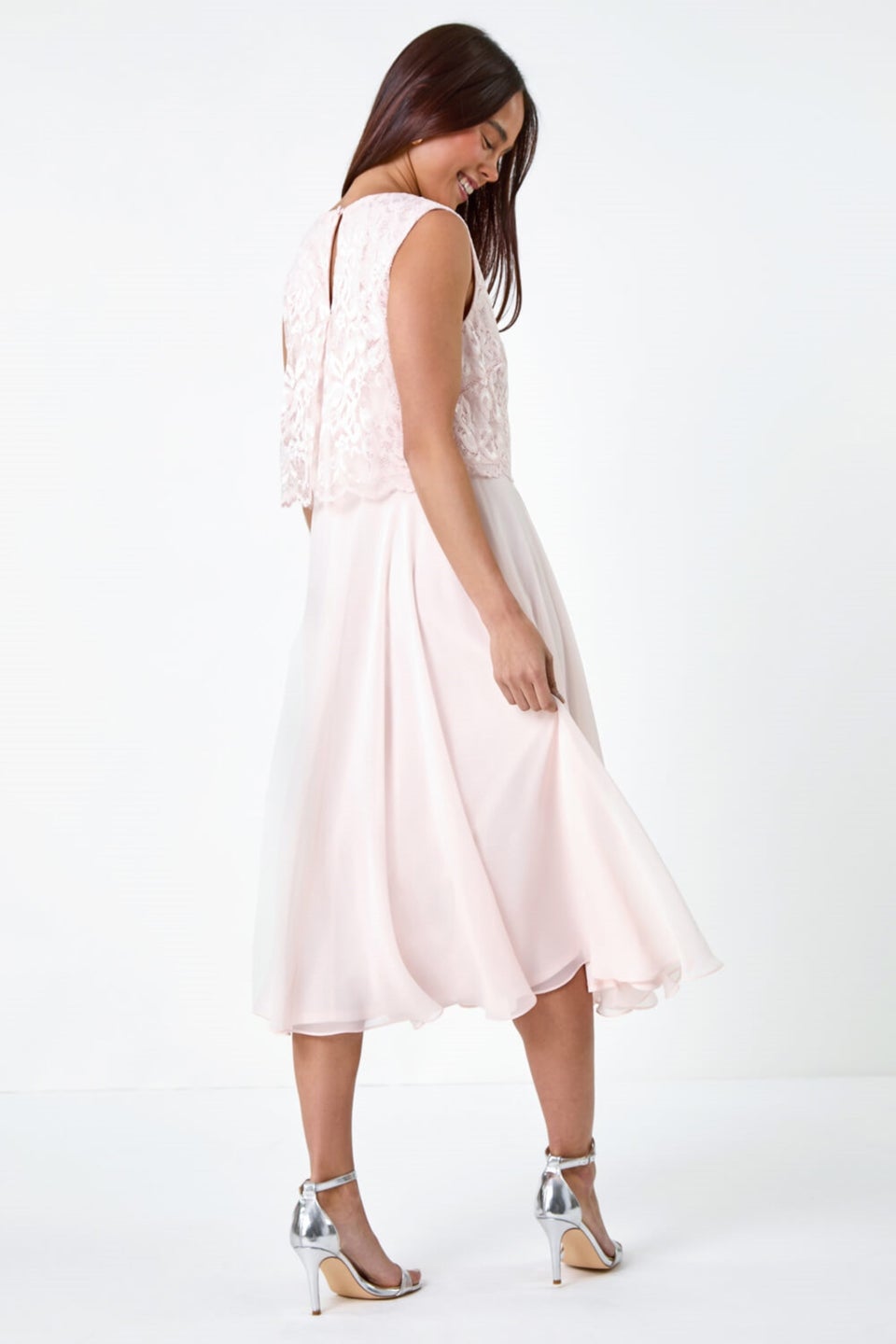 Roman Petite Light Pink Chiffon Overlay Lace Midi Dress