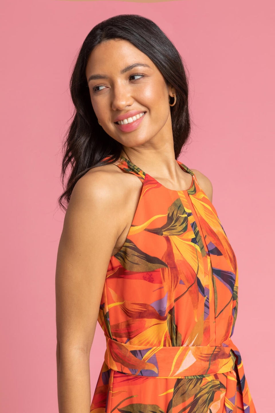 Roman Orange Floral Print Tie Waist Chiffon Maxi Dress Matalan