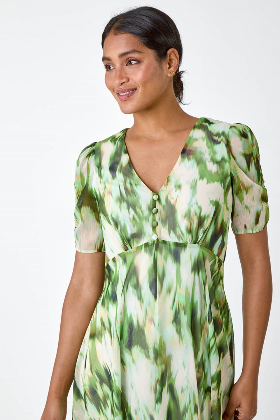 Roman Green Abstract Chiffon Hanky Hem Asymmetric Dress