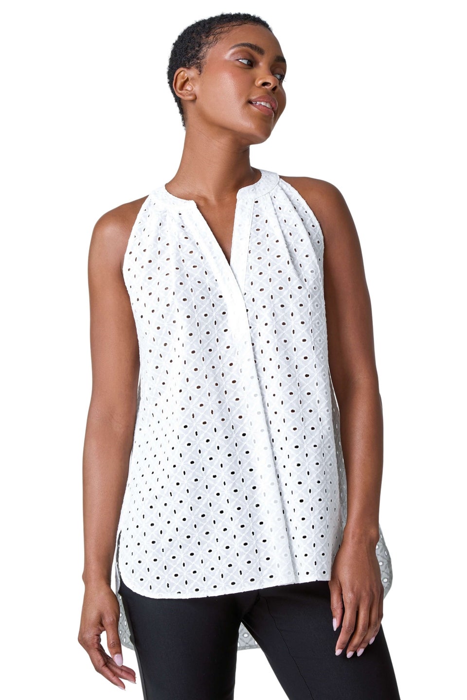 Roman Ivory Broderie V Neck Cotton Tunic Top Matalan
