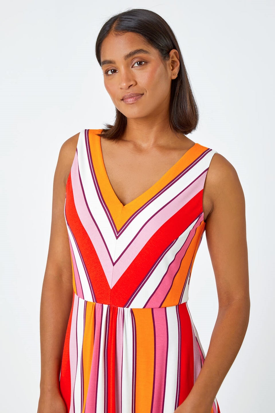 Roman Red Sleeveless Stripe Print Midi Stretch Dress Matalan