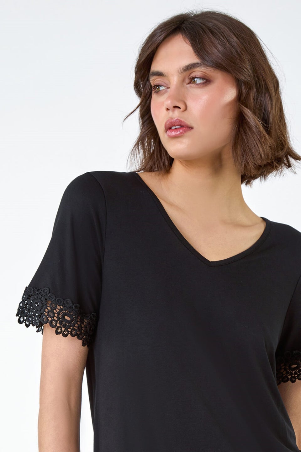 Roman Black Lace Trim Stretch Jersey T-Shirt