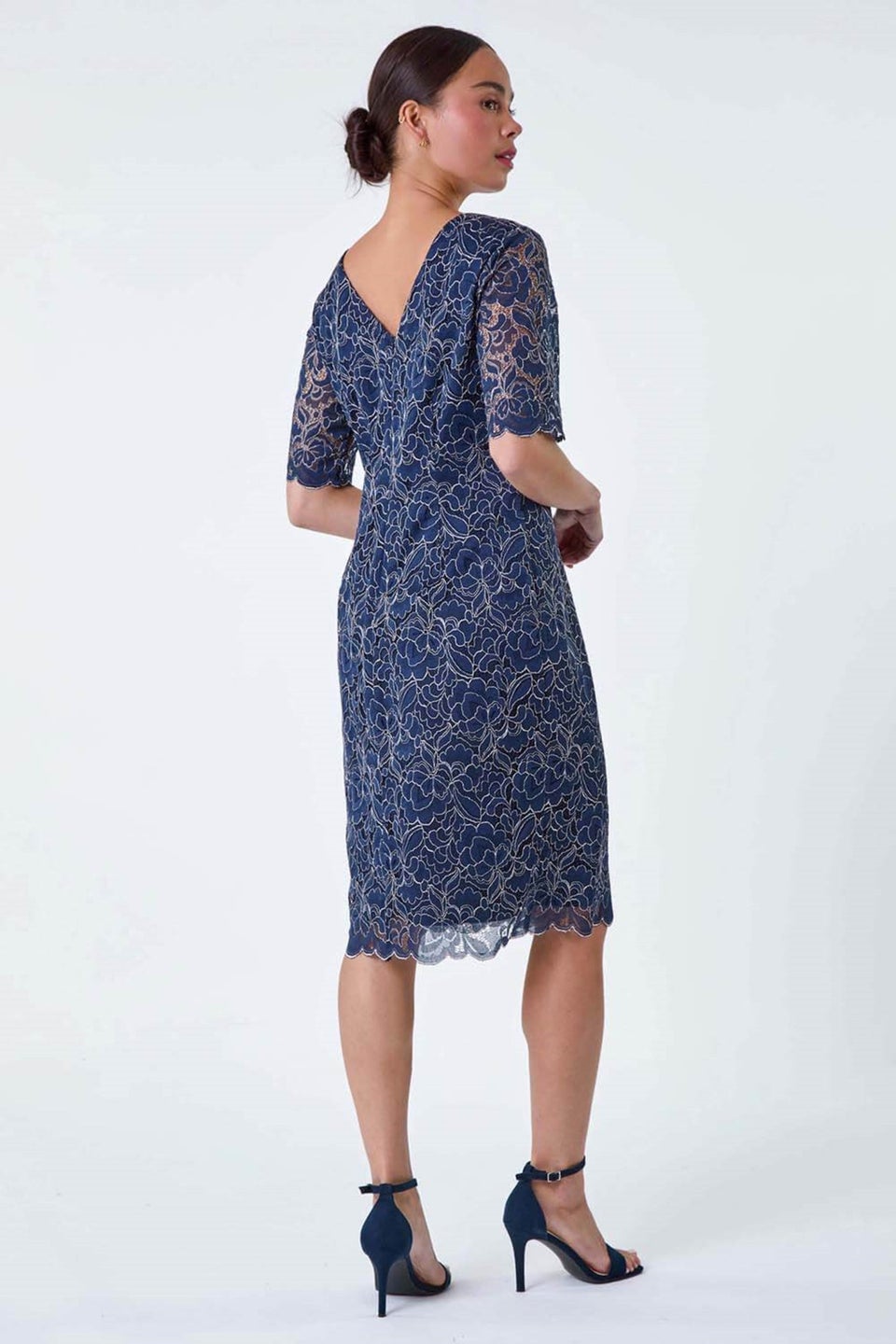 Roman Petite Navy Lace Overlay Shift Dress