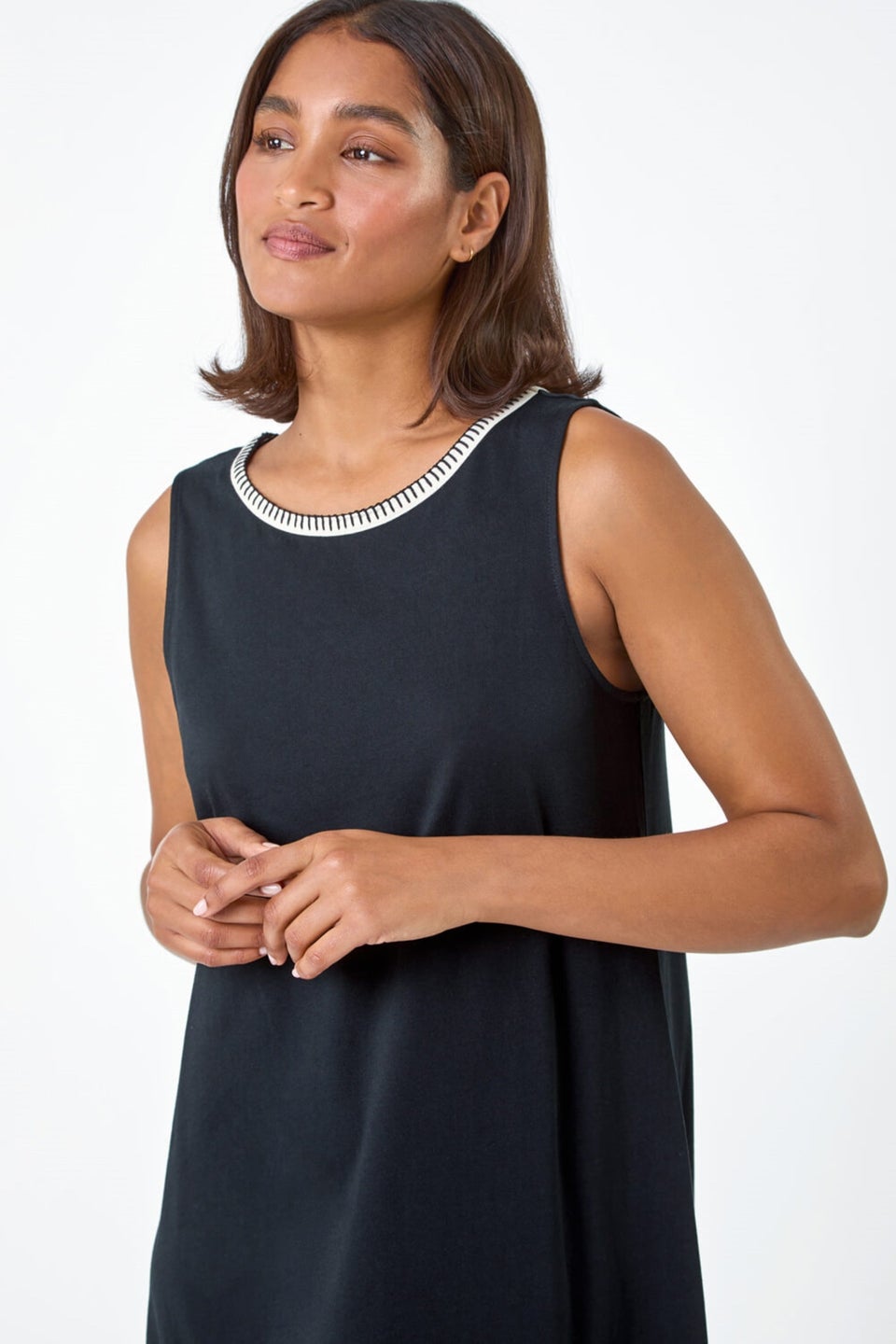 Roman Black Embroidered Trim Stretch Jersey Shift Dress