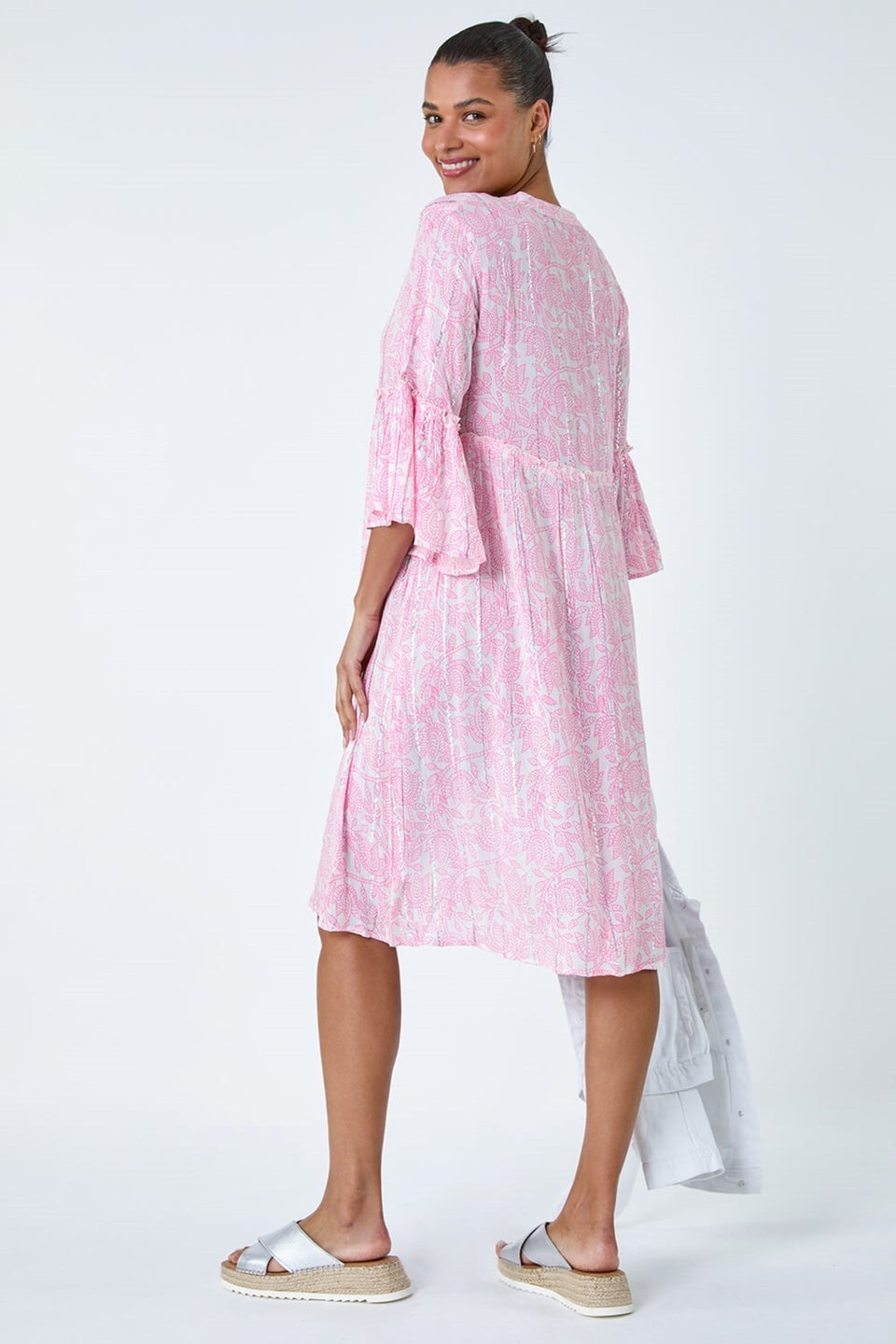 Roman Pink Leaf Print Shimmer Smock Dress