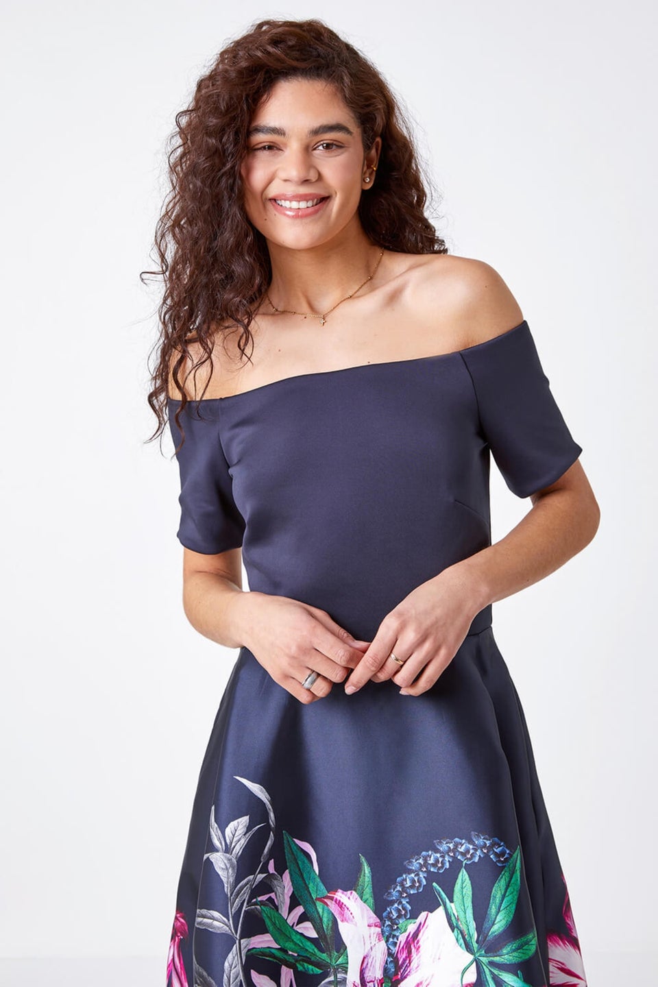 Roman Navy Bardot Floral Fit & Flare Dress
