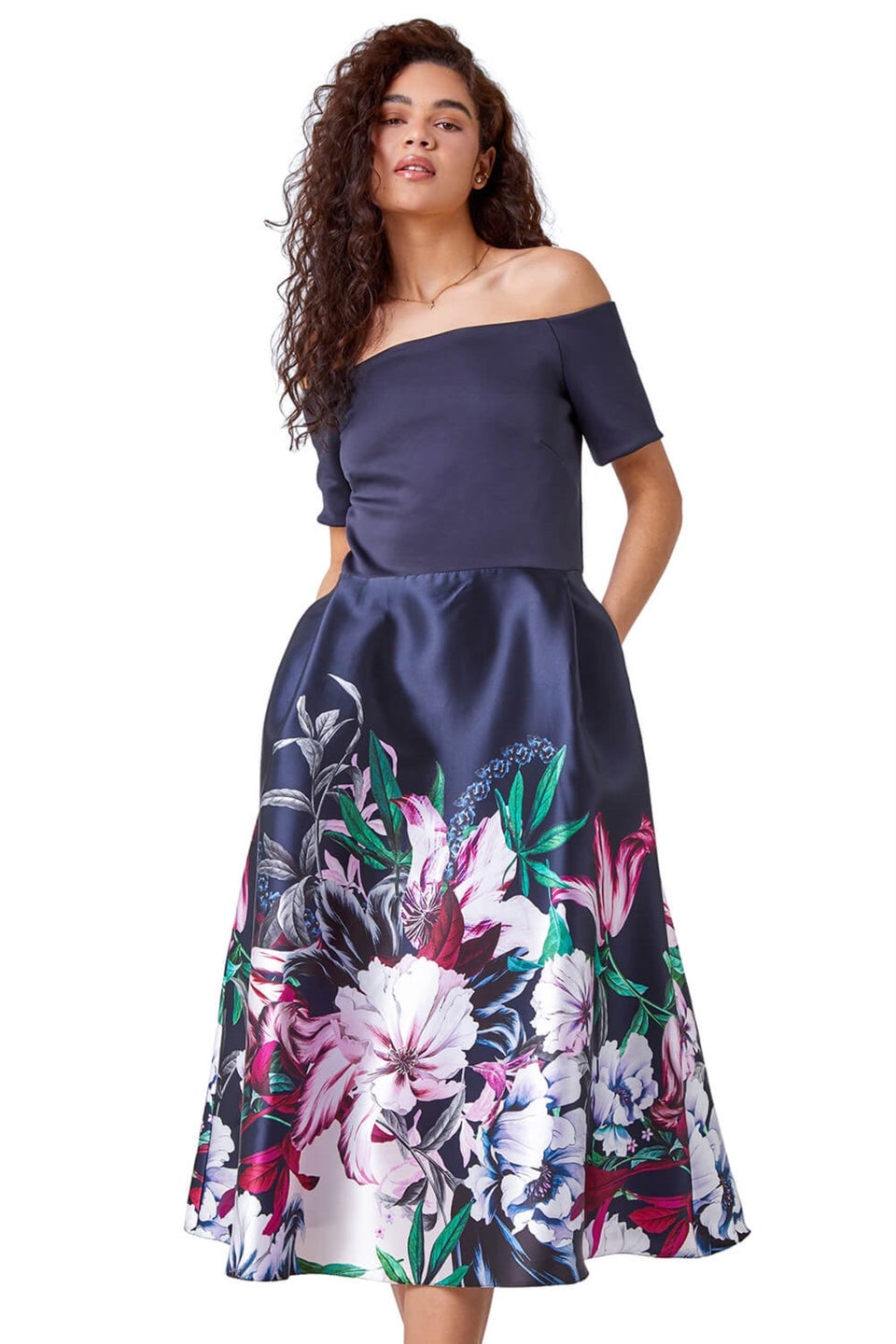 Roman Navy Bardot Floral Fit & Flare Dress