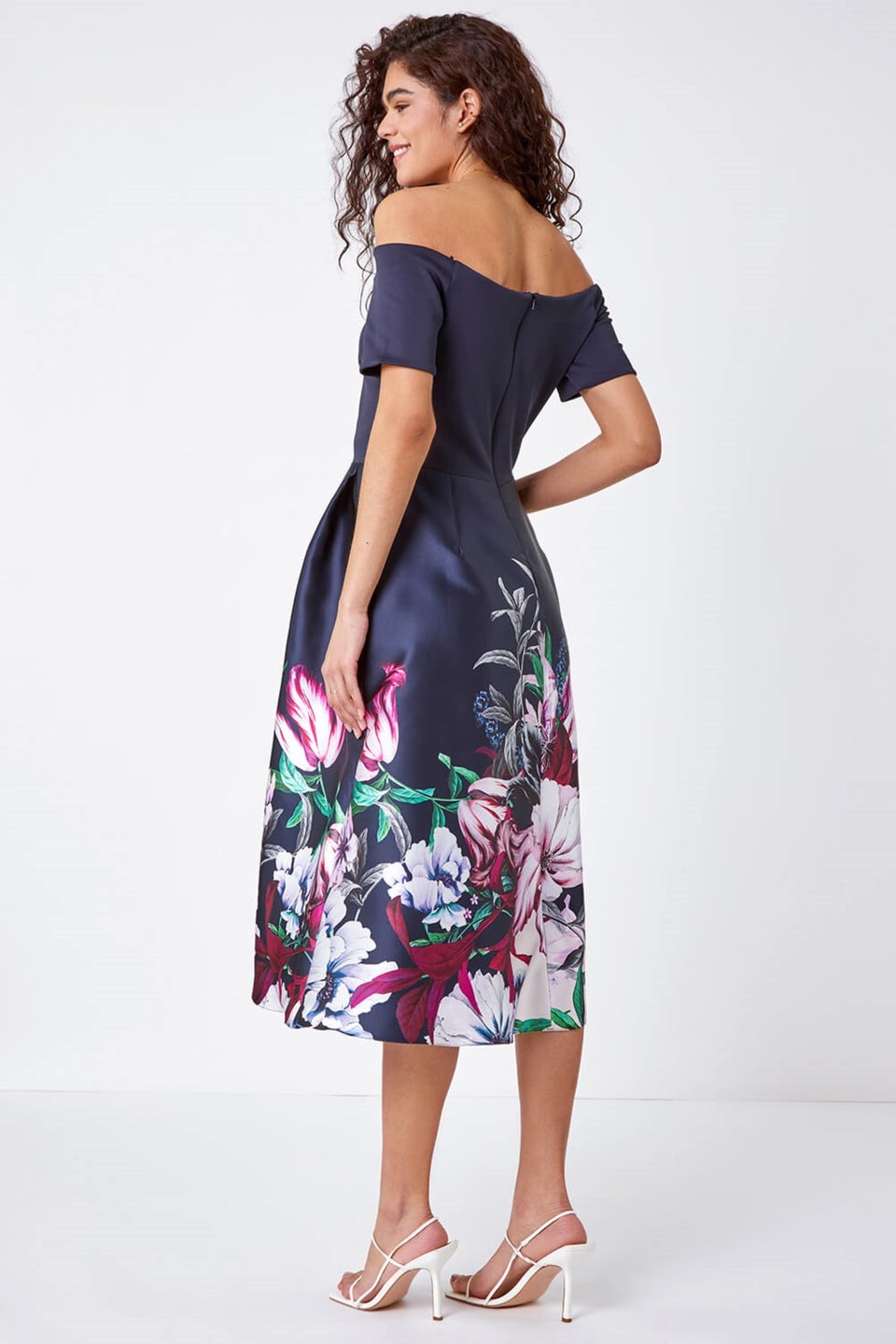 Roman Navy Bardot Floral Fit & Flare Dress