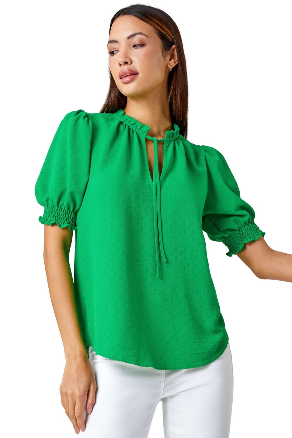 Roman Green Frill Neck Plain Tie Detail Top