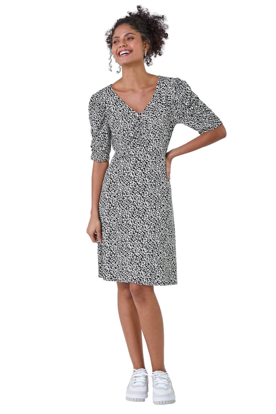 Roman Dusk Black Ditsy Floral Ruched Puff Sleeve Dress - Matalan