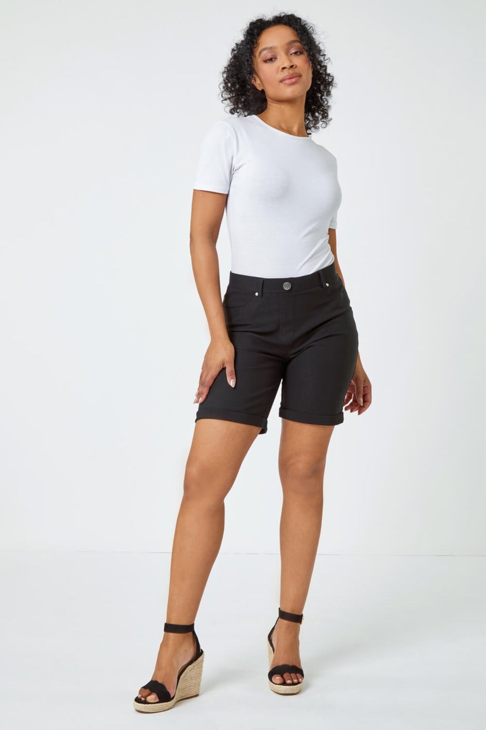 Roman Petite Black Petite Turned Hem Elastic Waist Shorts
