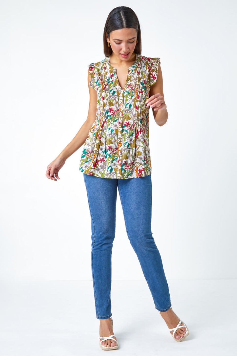 Roman Olive Shimmer Stripe Floral Frill Sleeve V-Neck Top