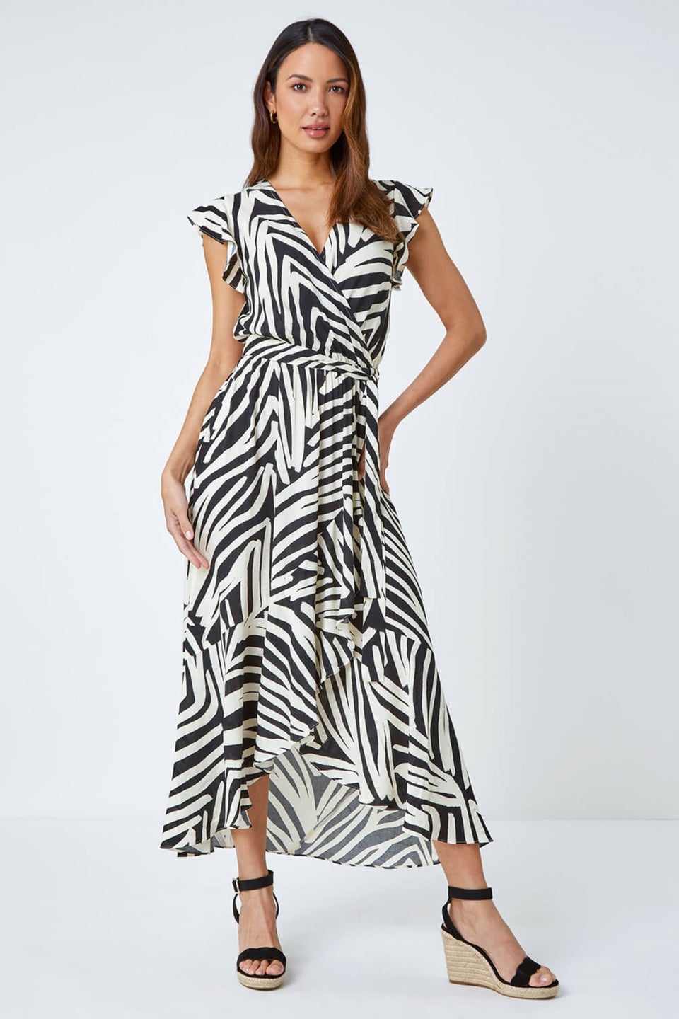 Roman Black Zebra Print Maxi Wrap Dress