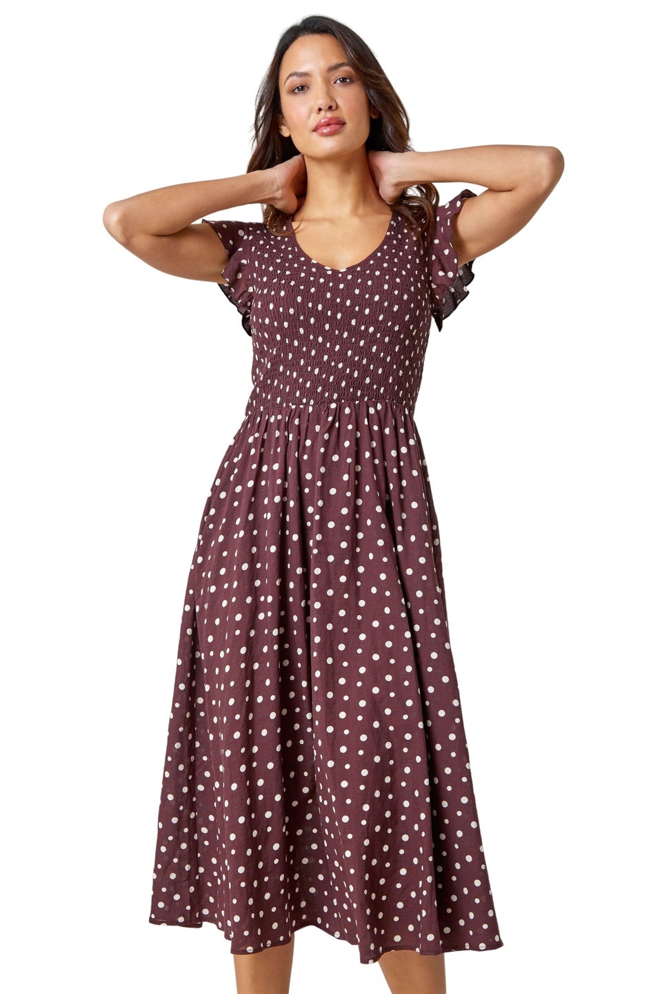 Roman Chocolate Cotton Blend Polka Dot Midi Dress