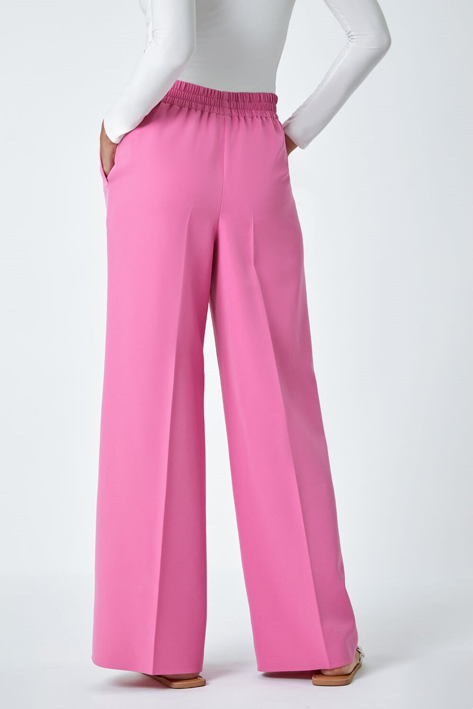 Roman Light Pink Wide Leg Elastic Waist Tie Front Trouser