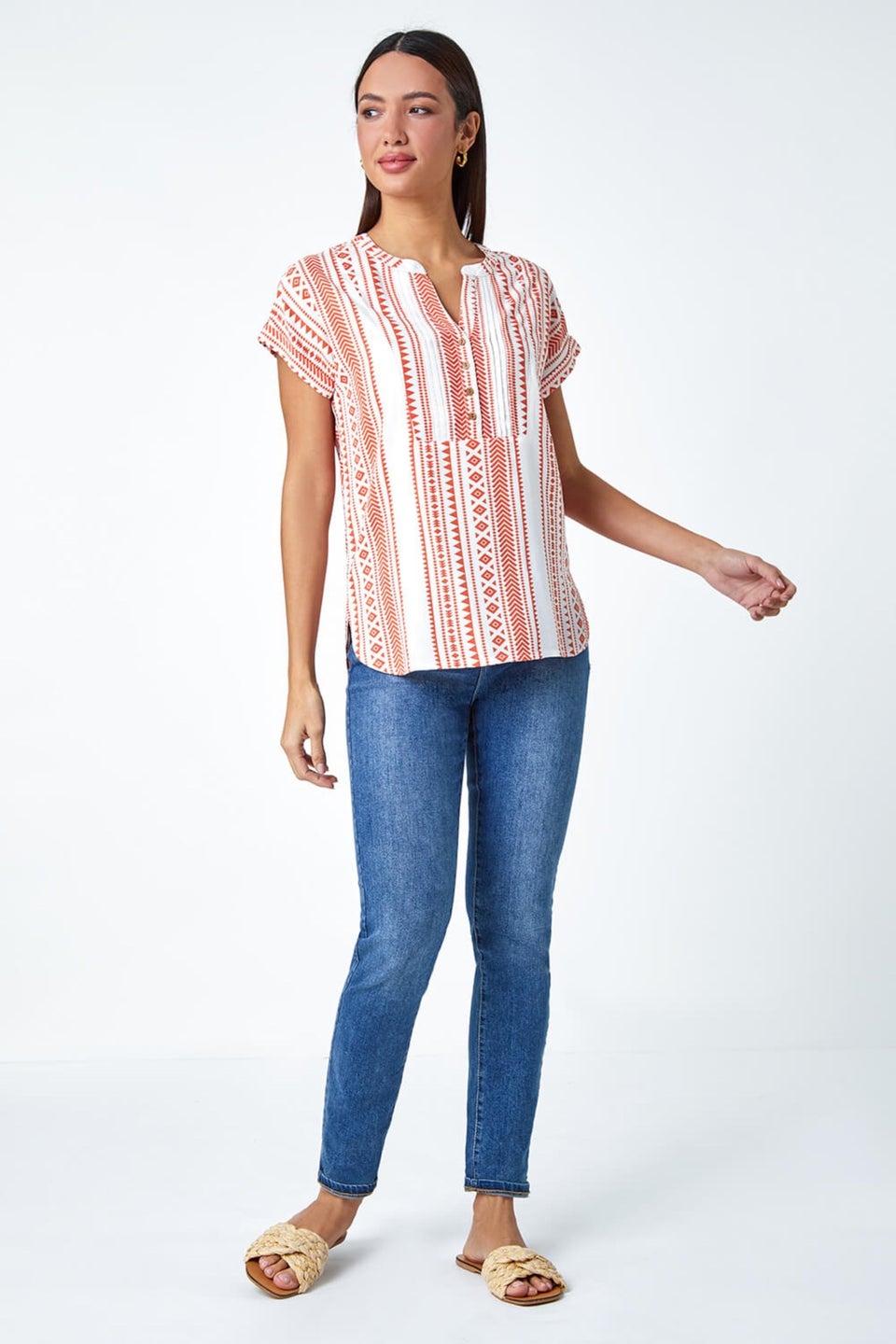 Roman Red Aztec Print Button V-Neck Detail Top