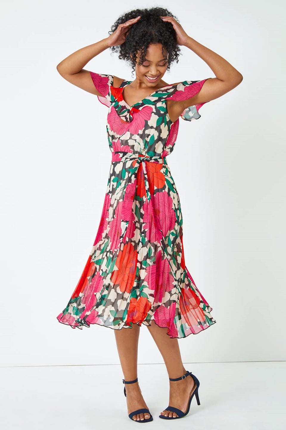 Roman Petite Pink Petite Floral Cold Shoulder Chiffon Midi Dress