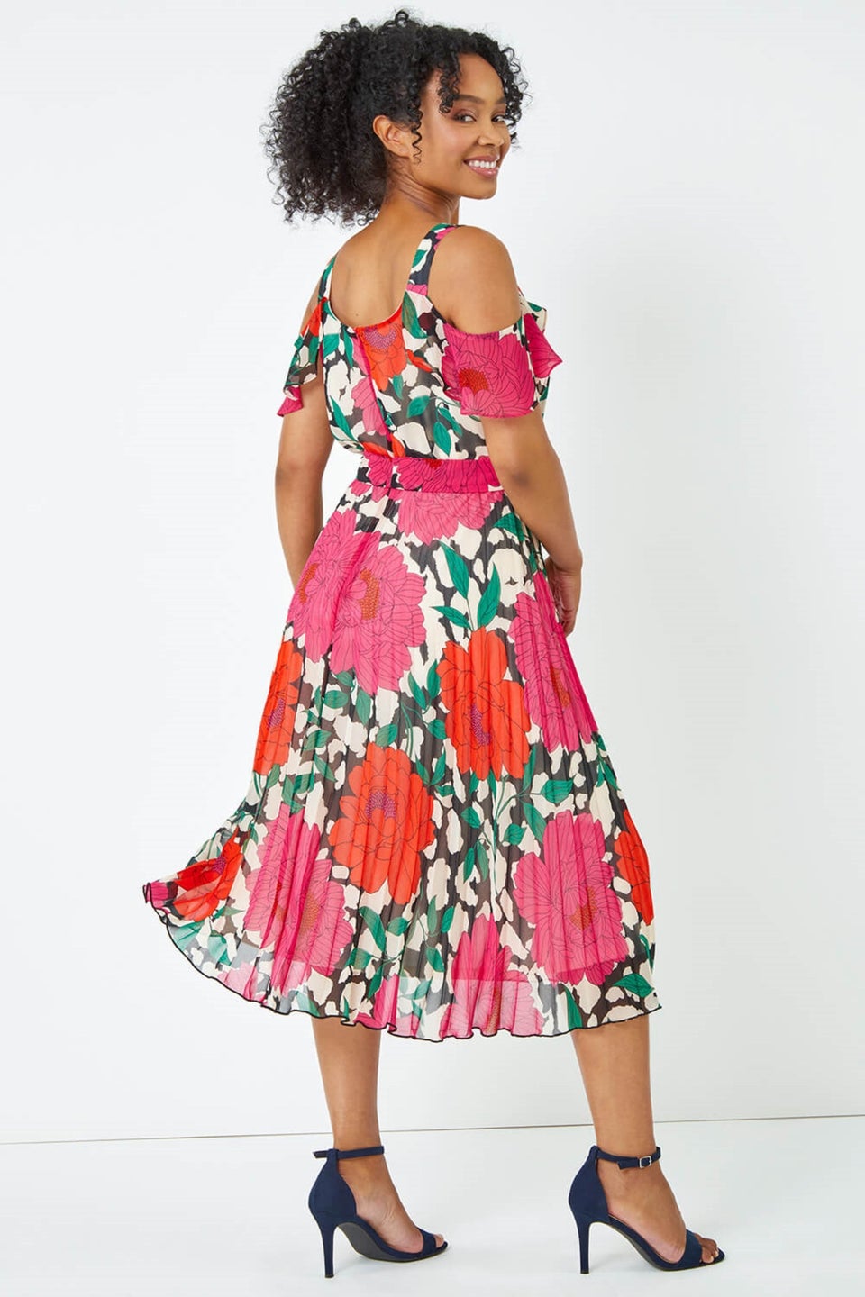 Roman Petite Pink Petite Floral Cold Shoulder Chiffon Midi Dress