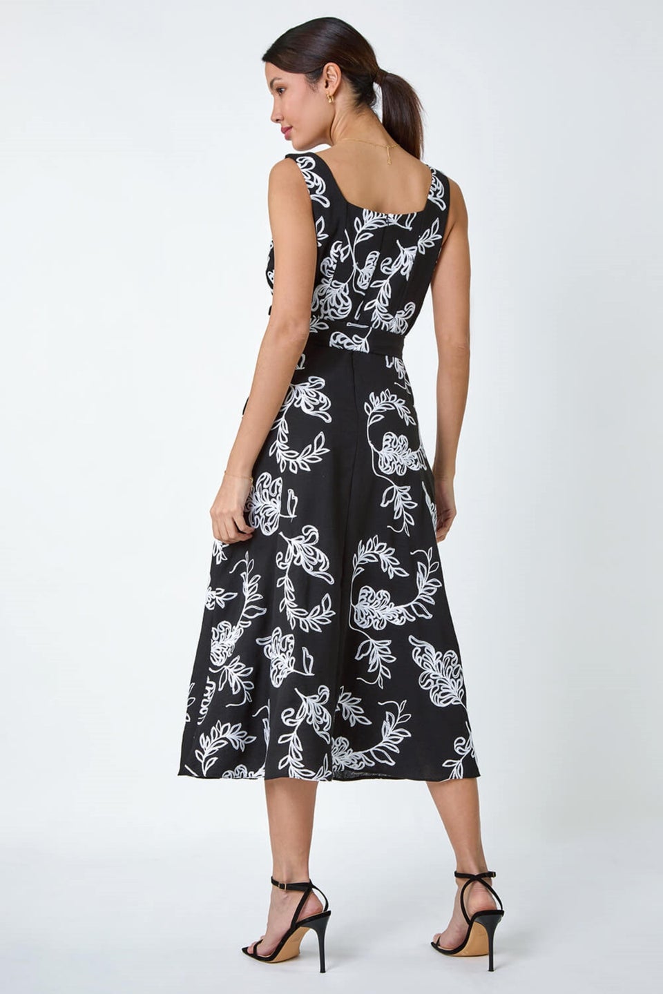 Roman Black Floral Embroidered Cotton Blend Dress
